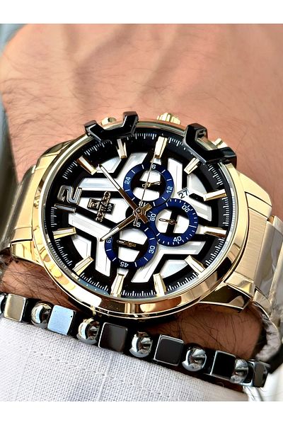 Reward Men's Wristwatch - Gold Color, Large Case, Steel Cord + Bracelet