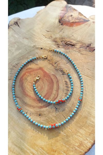 Atolye Ferda Turquoise Stone and Miyuki Braided Bracelet - Necklace Set (red)