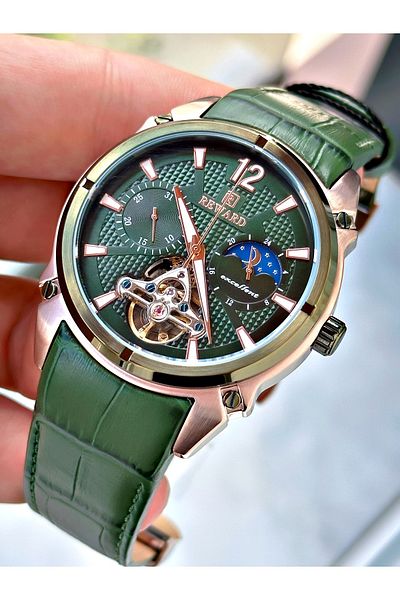 Reward Luxury Men's Wristwatch - Green Leather Cord, Steel Case, Mechanism + Bracelet Gift