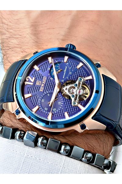 Reward Luxury Men's Wristwatch - Navy Blue Color, Leather Cord, Steel Case, Mechanism + Bracelet Gift