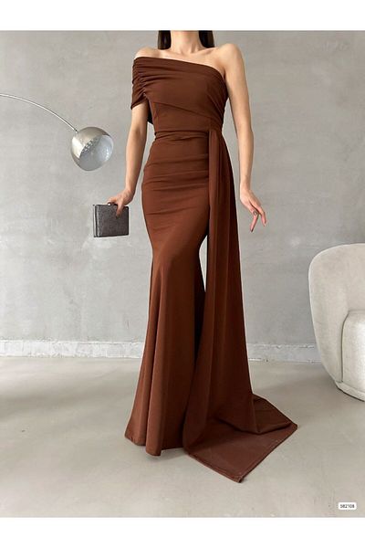 WoolnClyde Women's Brown Madonna Collar Single Short Sleeve Tail Detailed Maxi Length Drape Gathered Long Evening Dress