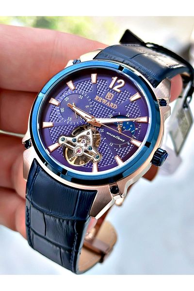 Reward Luxury Men's Wristwatch - Navy Blue Color, Leather Cord, Steel Case, Mechanism + Bracelet Gift