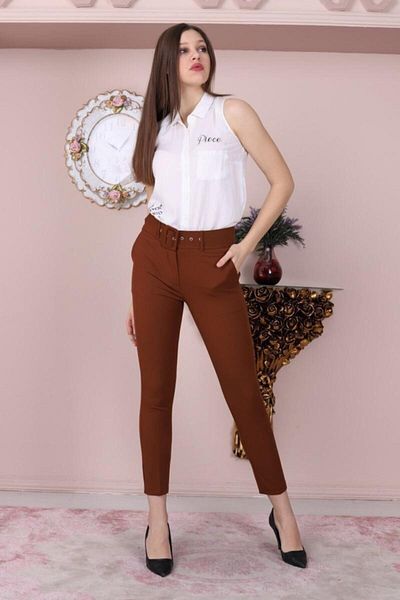 WoolnClyde Women's Thick Belted High Waist Fabric Trousers
