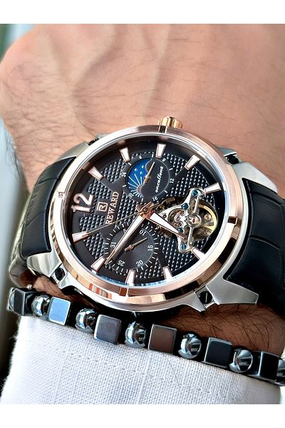 Reward Luxury Men's Wristwatch - Black Leather Cord, Steel Case and Mechanism + Bracelet Gift