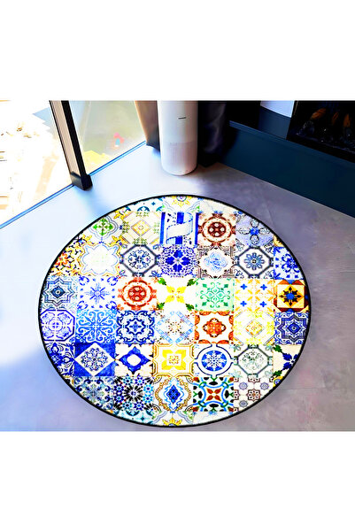 Rugs Modern Halı Mira Round Blue Tones Tile Patterns Woven Base Decorative Ca...