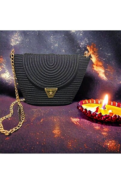 GNG Home Tekstil Geantă de umăr cu lanț din iuta, paie, aur, neagră