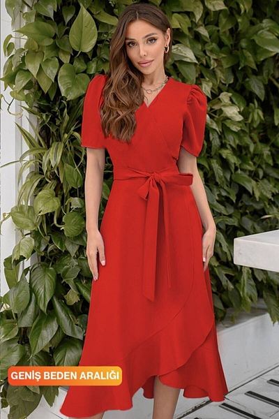 WoolnClyde Women's Red Double Breasted Collar Flounced Waist Belted Short Sleeve Midi Evening Dress
