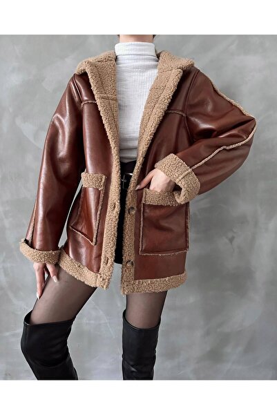 WoolnClyde Дамско кафяво кожено кожено яке с къси копчета и дълги плюшени кожени якета с дълбоки джобове