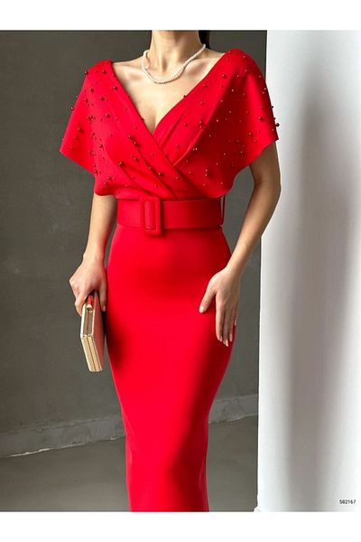 WoolnClyde Rochie de seară midi, roșie, cu guler dublu, cu perle, cu mâneci liliac, dimensiuni mari