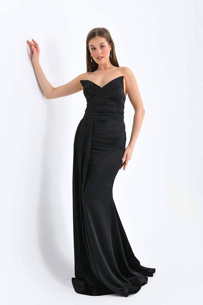 WoolnClyde Women's Chest Embroidery Detailed Double Breasted Collar Off-the-Shoulder Slit Strapless Maxi Satin Evening Dress