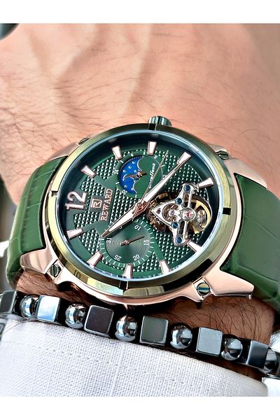Reward Luxury Men's Wristwatch - Green Leather Cord, Steel Case, Mechanism + Bracelet Gift