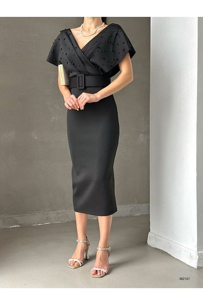 WoolnClyde Women's Black Double Breasted Neckline Pearl Detailed Plus Size Bat Sleeve Fabric Belted Midi Evening Dress
