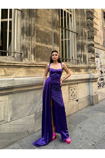 WoolnClyde Purple Satin Fabric - Maxi Length Evening Dress with Sweetheart Collar and Off-the-Shoulder Straps