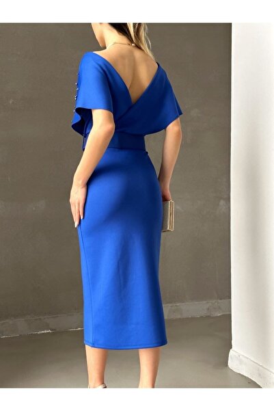 WoolnClyde Dámské Saks Modrý dvouřadý límec Pearl Detailní Netopýří nadměrné velikosti Látka s páskem večerní šaty Midi