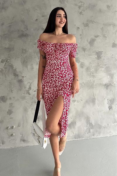 WoolnClyde Rochie midi cu mânecă scurtă pentru femei, cu guler în formă de inimă roșie, cu modele florale, din țesătură în spirală