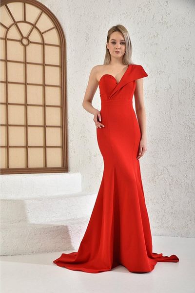 WoolnClyde Women's Red One-Shoulder Detailed Fish Model Atlas Fabric Maxi Length Evening Dress
