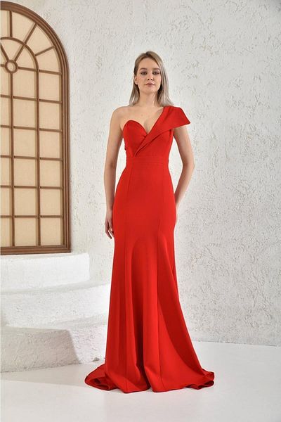 WoolnClyde Women's Red One-Shoulder Detailed Fish Model Atlas Fabric Maxi Length Evening Dress