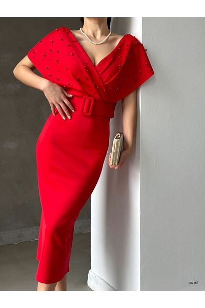 WoolnClyde Rochie de seară midi, roșie, cu guler dublu, cu perle, cu mâneci liliac, dimensiuni mari