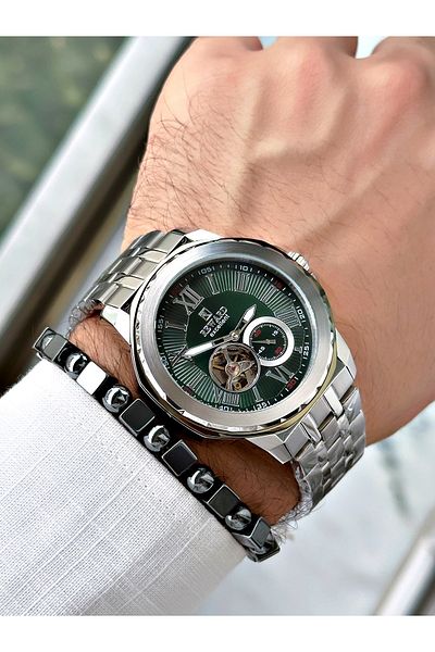 Reward Men's Silver Color Steel Mechanism Case Cord Wrist Watch + Bracelet