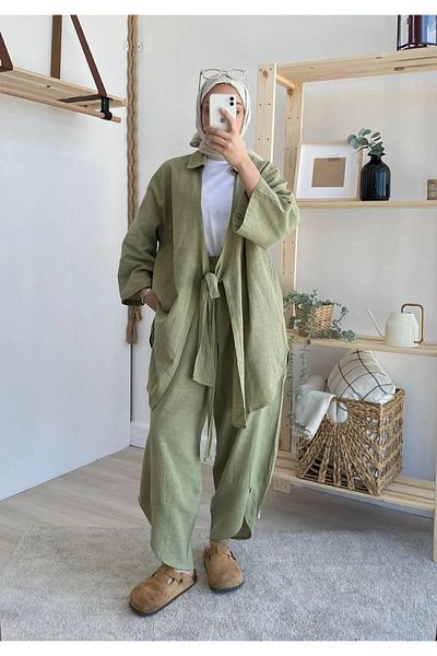 votre bonn couture Khakifarbenes Kimonohemd aus Leinen für Damen