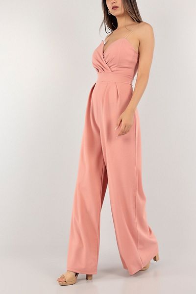 WoolnClyde Women's Powder Double Breasted Collar Drawstring Detailed Pipe Leg Thin Strap Evening Dress Jumpsuit