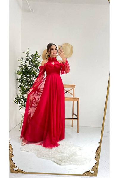 WoolnClyde Women's Red Tulle Neck Sleeve Detail Lined Tulle Long Evening Dress