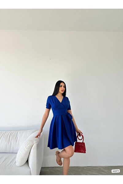 WoolnClyde Kadın Saks Mavi Kruvaze Yaka Kısa Kollu Beli Kuşaklı A line Beli Kuşaklı Kısa Abiye Elbise