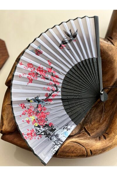 Bambu İpek Şık Japon Yelpaze - Siyah Kırmızı Gri Renk Çiçekli