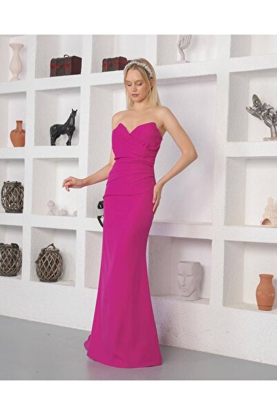 WoolnClyde Γυναικείο βραδινό φόρεμα ψαριού με διπλό στήθος φούξια με ντραπέ στράπλες