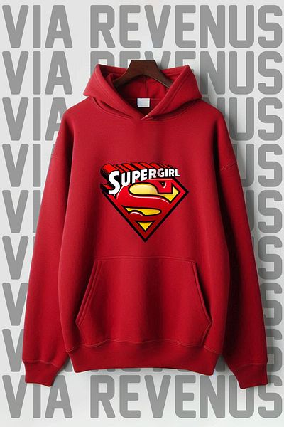 Vordevia Суитшърт с качулка и принт Super Girl - широк модел с 3 нишки и джоб кенгуру