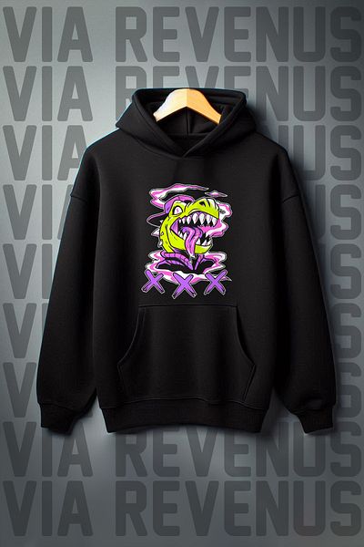 Vordevia Trex Printed Black Hooded Sweatshirt - 3 Thread, Wide Fit, Kangaroo Pocket