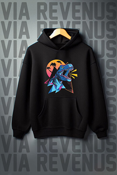 Vordevia Hanorac negru cu glugă cu imprimeu Trex - 3 fire, mărime largă, buzunar cangur