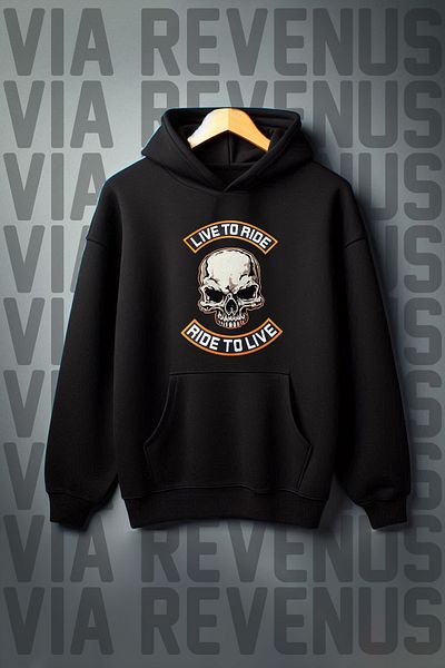 Vordevia Live to Ride - Biker Printed, Kangaroo Pocket Pattern, 3 Thread Raster, Wide Fit Hooded Sweatshirt