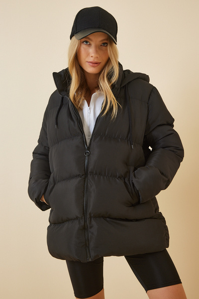 Lovelyİstanbul Jachetă pufă supradimensionată neagră cu glugă - Lrv0044