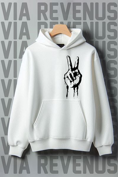 Vordevia Victory Sign Patterned - 3 Thread Kangaroo Pocket, Wide Fit Hooded Sweatshirt