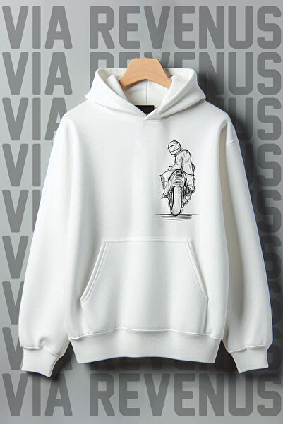 Vordevia Hanorac alb cu glugă cu imprimeu pentru motociclist, cu croială largă - Raster cu 3 fire