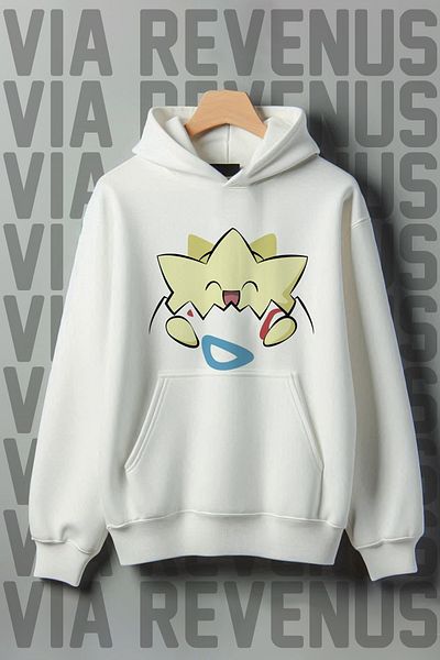 Vordevia White Hooded Togepi Printed Wide Fit Sweatshirt - 3 Thread Raster Kangaroo Pocket