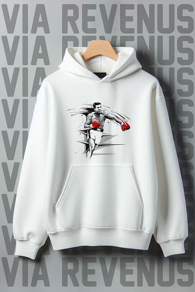 Vordevia Muhammad Ali Printed - White Kangaroo Pocket, 3 Thread, Wide Fit Hooded Sweatshirt
