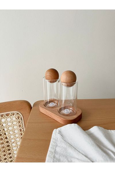 SALPHOME 2-Piece Glass Salt and Pepper Shakers Set - With Wooden Stand and Wooden Ball Cover