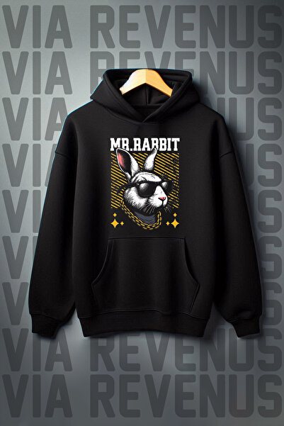 Vordevia Містер Кролик з принтом - 3 нитки Кенгуру кишенею Чорний капюшон Шир...