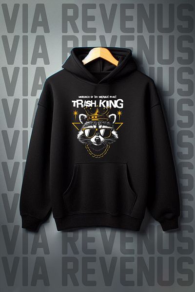 Vordevia Trash King Printed - 3 Thread Black Hooded Kangaroo Pocket Sweatshirt