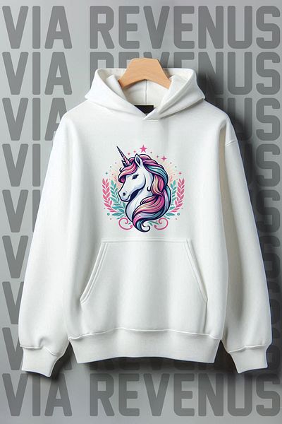 Vordevia Unicorn Printed White Kangaroo Pocket 3 Thread Raised Wide Fit Hooded Sweatshirt