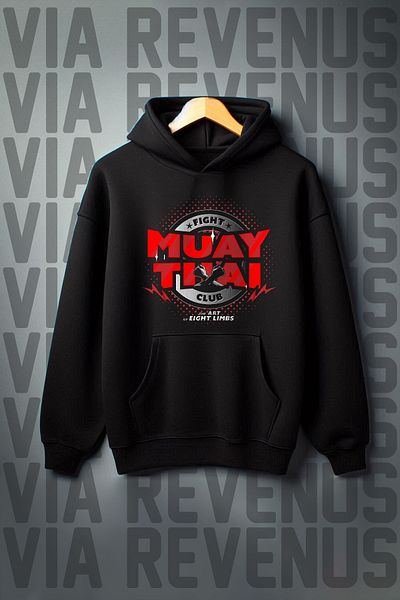 Vordevia Muay Thai Printed - Kangaroo Pocket Black Hooded Sweatshirt 3 Thread Wide Fit