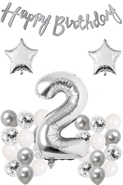 DÜVENCİ TİCARET Gümüş Konsept Yaş Doğum Günü Seti Beyaz Gümüş Konfetili Balon...