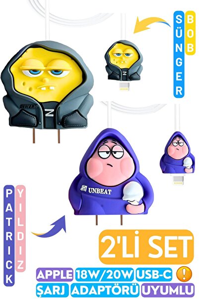 EWEC Hoodie Sünger Bob ve Patrick Şarj Başlığı ve Kablo Koruyucu Seti, Iphone...