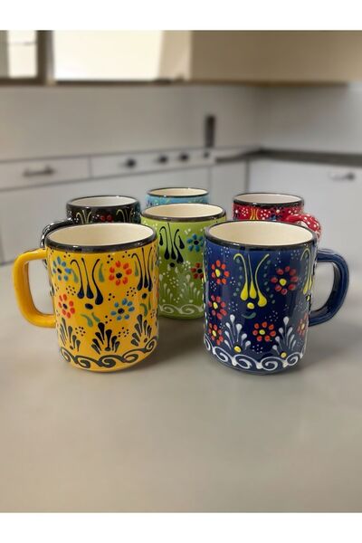 Artistic Quality Dekoratif Çini İşlemeli Büyük Kupa, Duble Kahve Fincanı, Ayr...