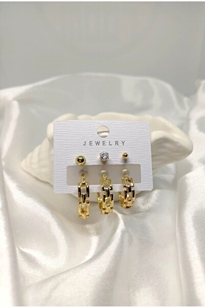 Rosa Juliet Kadın Gold Kararma Yapmayan 6'lı Zincir Model Halka ve Top Küpe Set