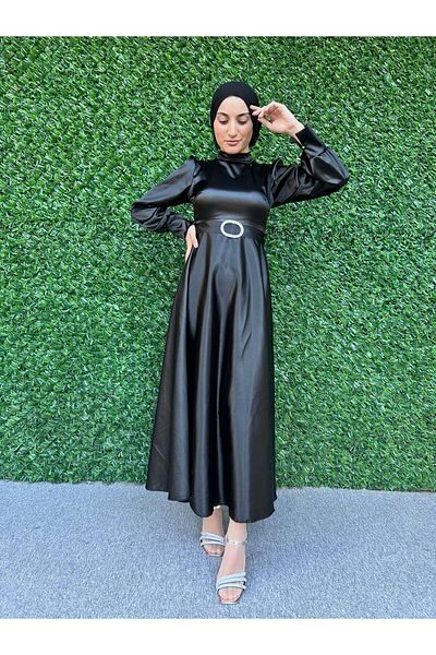 modadeywearst Γυναικείο μαύρο σατέν φόρεμα με ζώνη