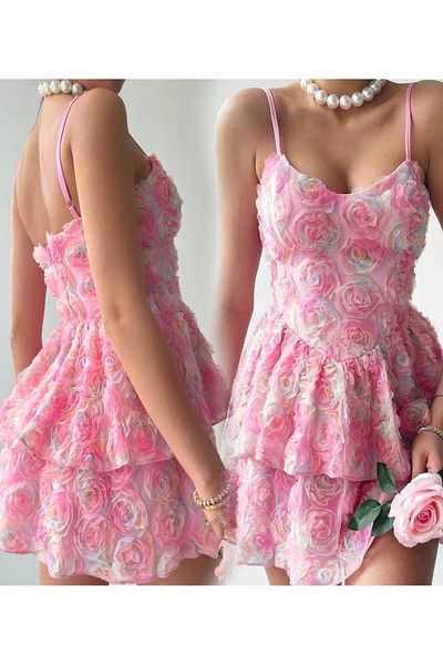 Özel Tasarım Pink Floral Patterned Sling Evening Dress - Three-Dimensional Floor Skirt Party Dress