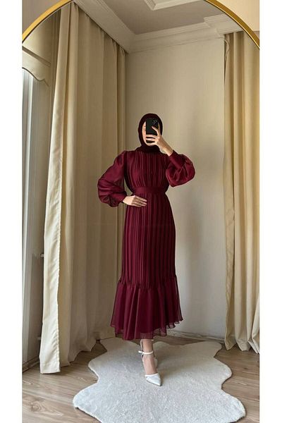 BestShopping Janjan Pleated Evening Dress Claret Red